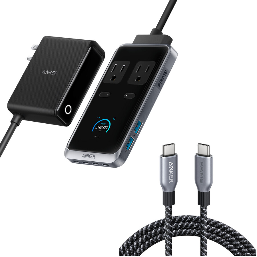 anker prime -latausasema 8-in-1 240 w ja anker prime usb-c - usb-c -kaapeli 240 w kierrätetystä materiaalista punottu
