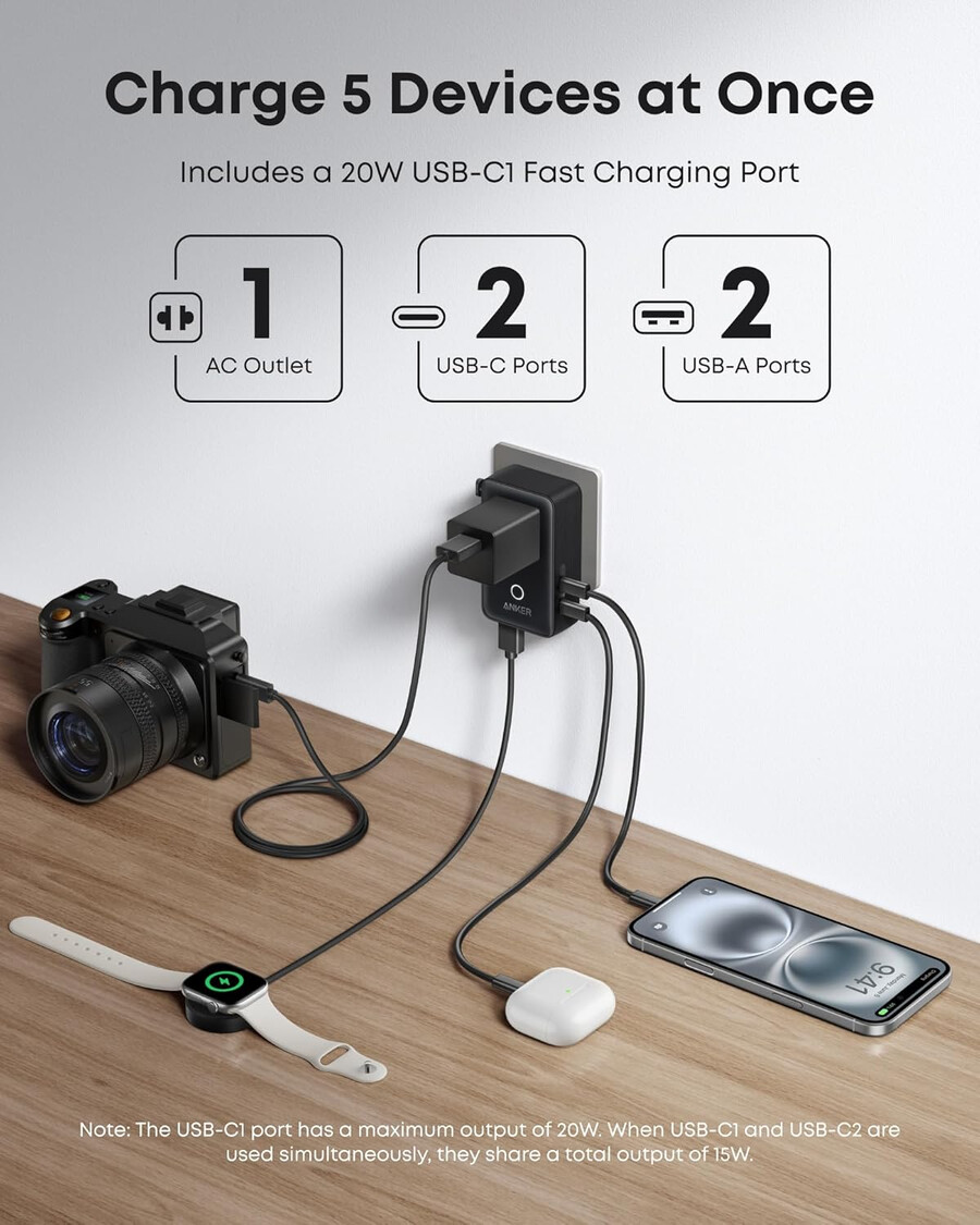 anker nano -matkasovitin 5-in-1 20 w 1 kpl ja anker nano -laturi 45 w usb-c–usb-c-kaapelilla