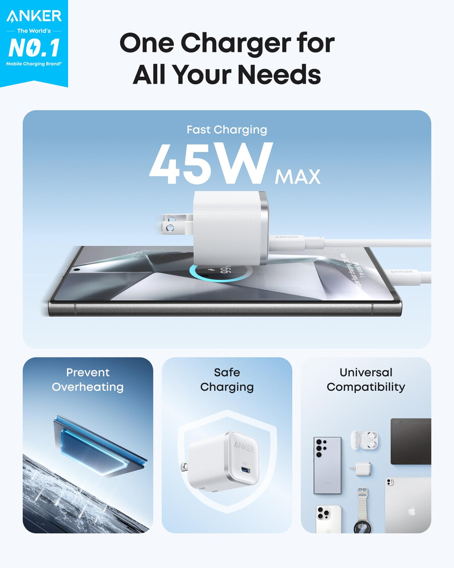 anker nano -matkasovitin 5-in-1 20 w 1 kpl ja anker nano -laturi 45 w usb-c–usb-c-kaapelilla