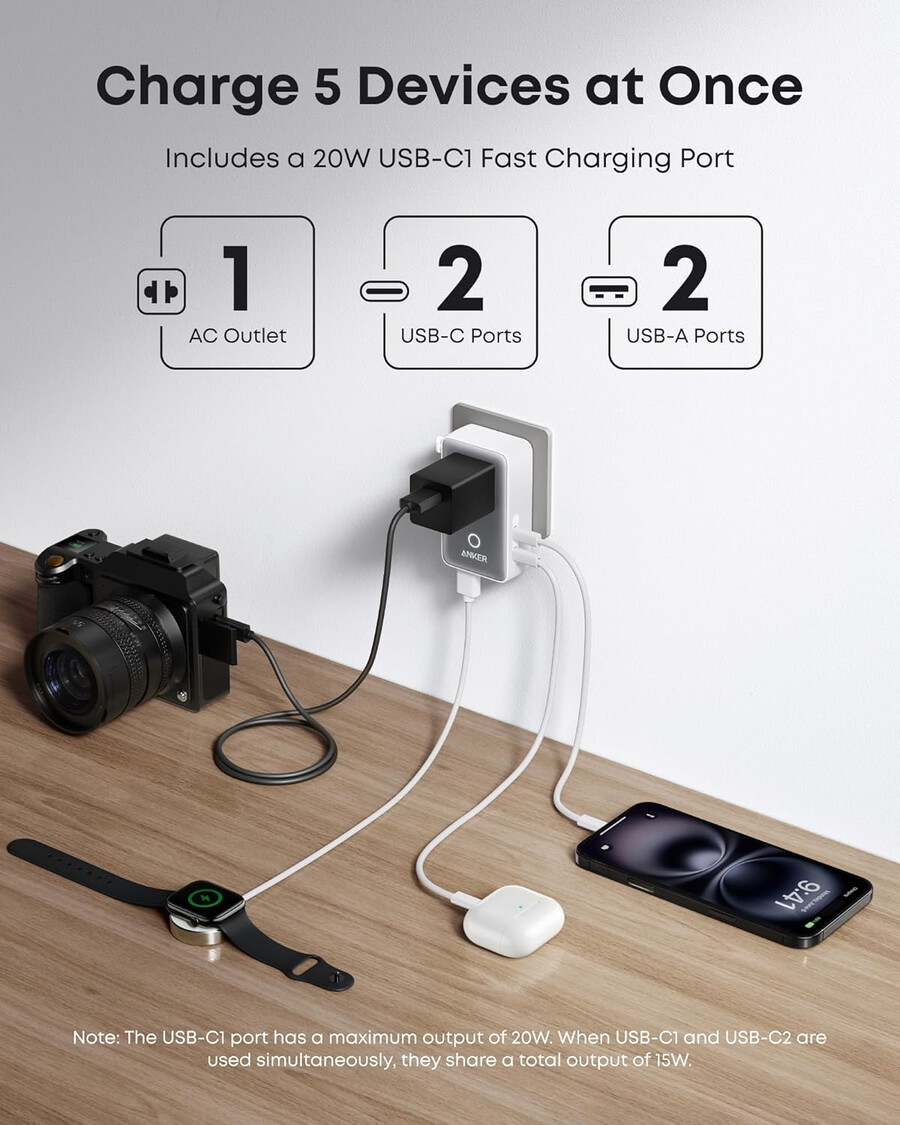 anker nano -matkasovitin 5-in-1 20 w 1 kpl