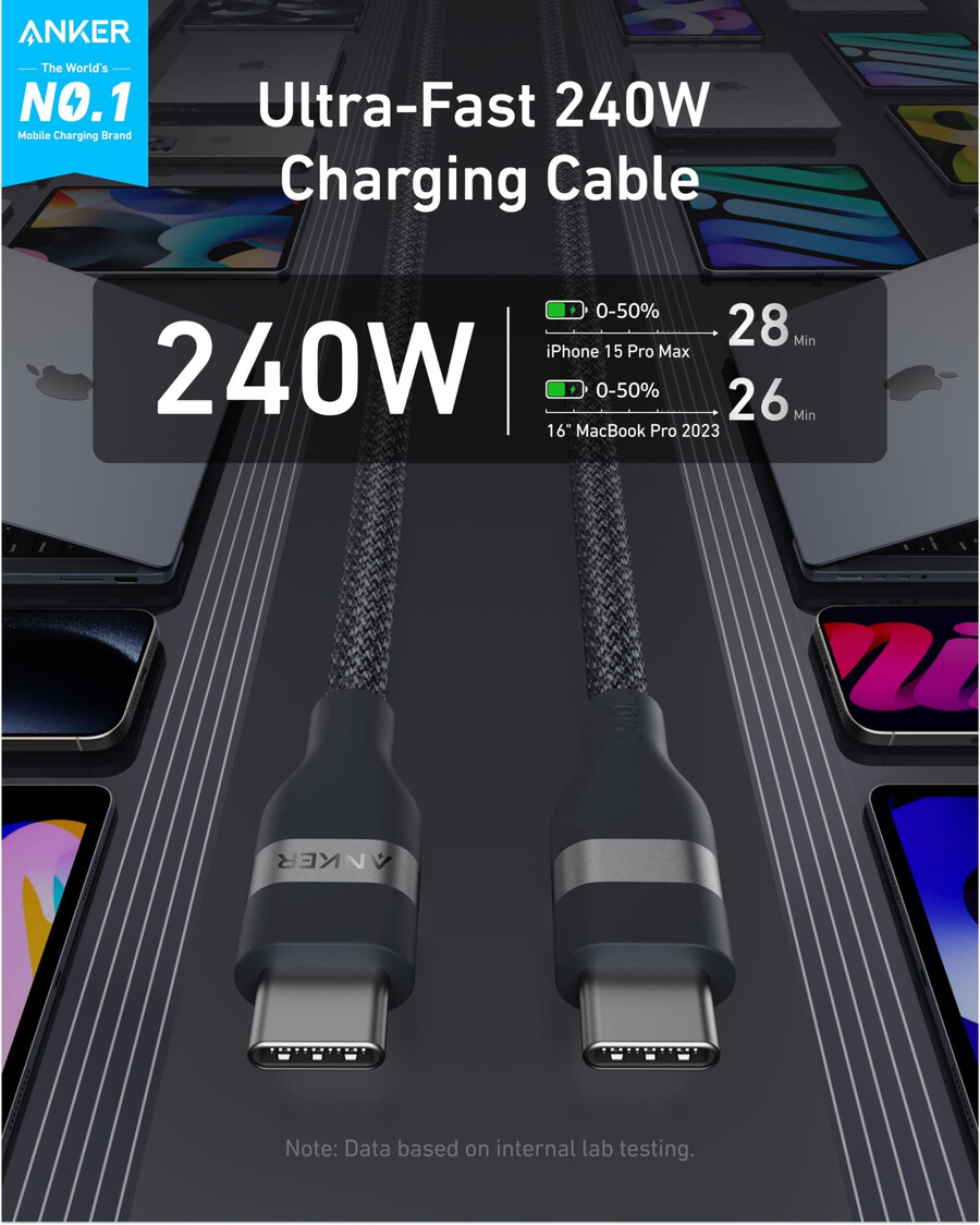 anker usb-c - usb-c -kaapeli 3 jalkaa 6 jalkaa 240 w kierrätetystä materiaalista punottu 2 kpl