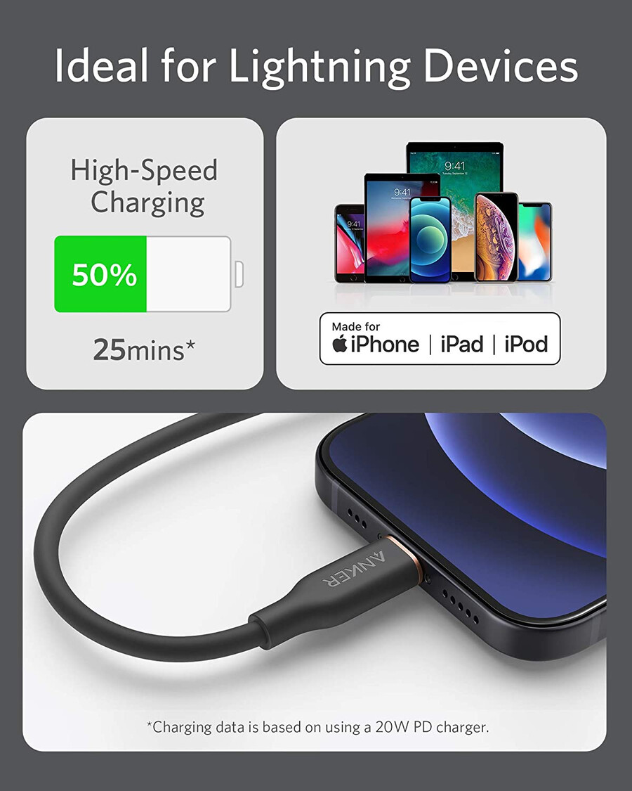 anker 641 usb-c–lightning-kaapeli flow 12 m silikoni