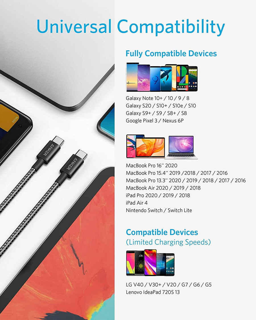 uusi nailoninen usb-c - usb-c 100 wn kaapeli 3 m