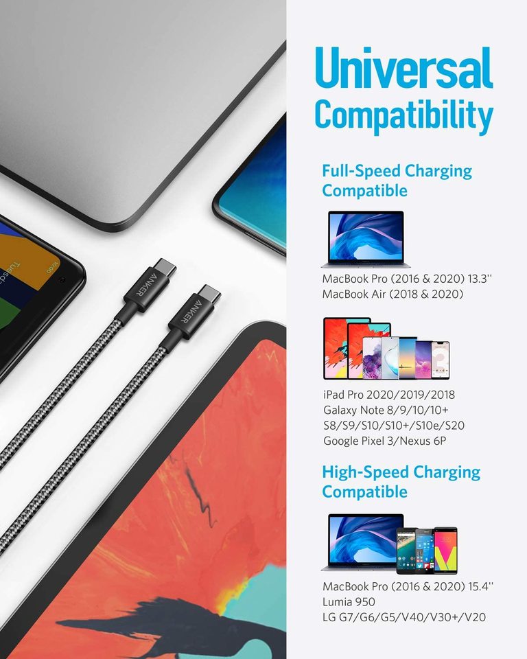 2 kpl anker new nylon usb-c - usb-c -kaapelia 3 jalkaa 6 jalkaa 60 w