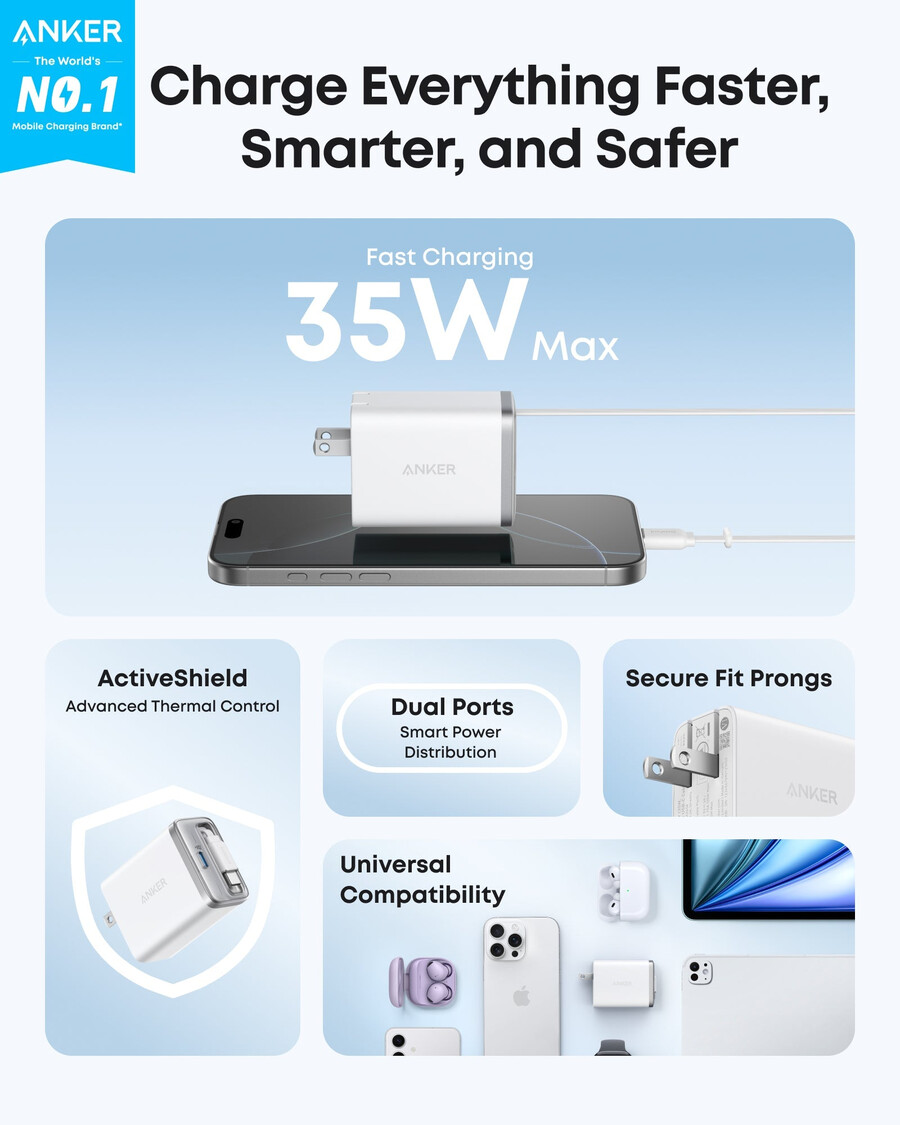 anker nano -laturi 35 w sisäänrakennettu sisäänvedettävä usb-c-kaapeli