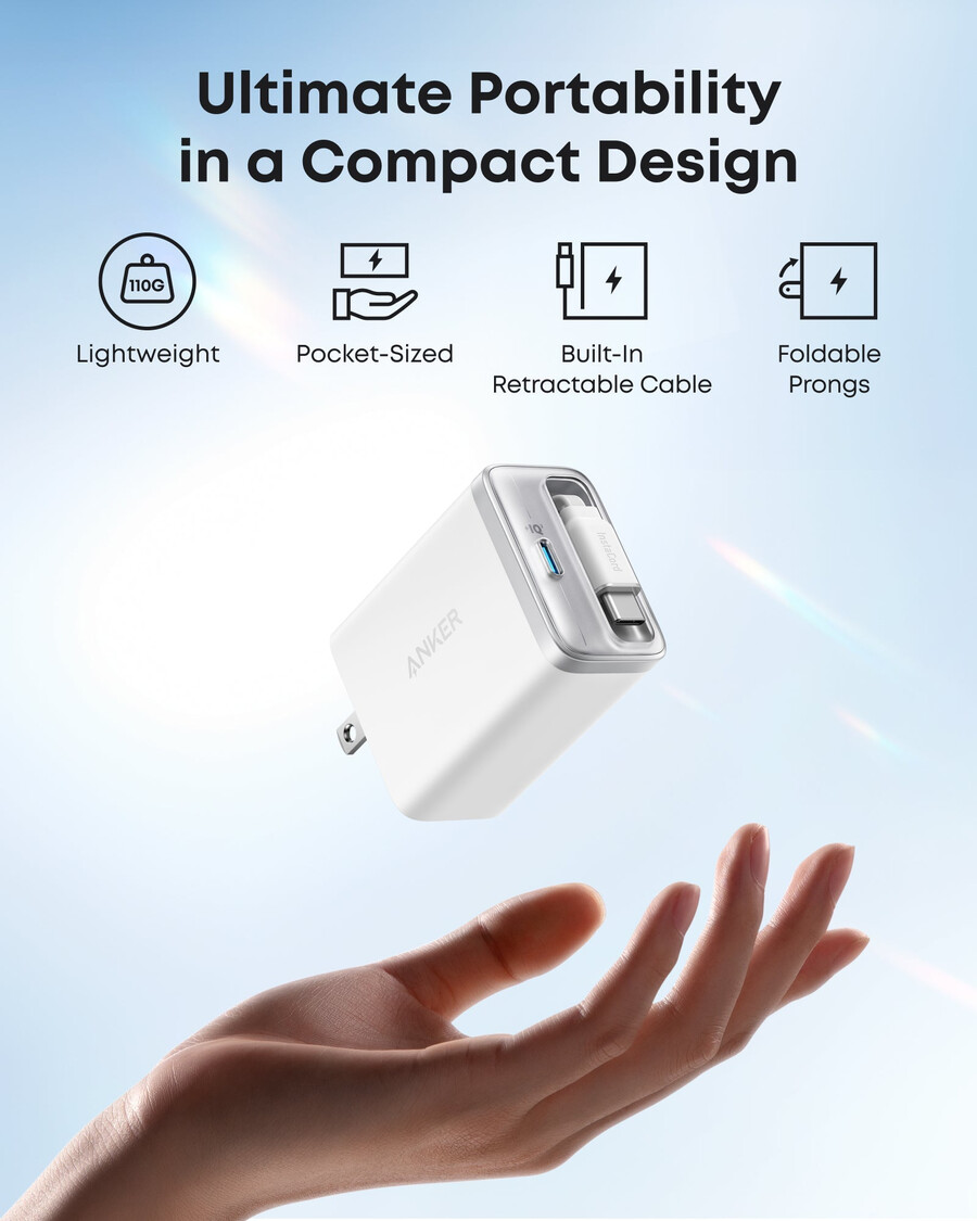anker nano -laturi 35 w sisäänrakennettu sisäänvedettävä usb-c-kaapeli