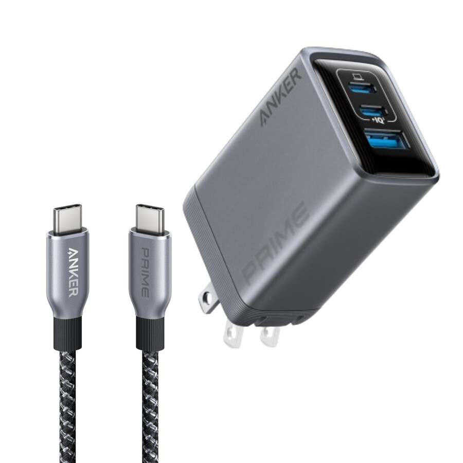 anker prime -laturi 100 w 3 porttia gan ja anker prime usb-c - usb-c -kaapeli 240 w kierrätetystä punotusta materiaalista