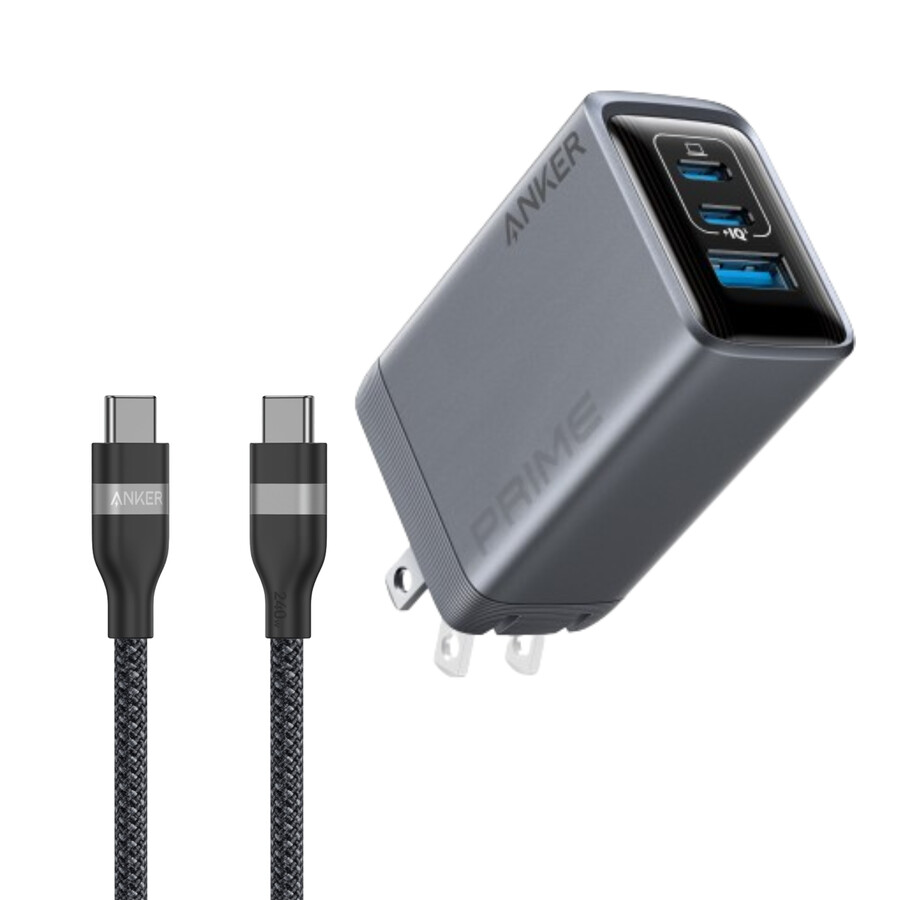 anker prime -laturi 100 w 3 porttia gan ja anker usb-c - usb-c -kaapeli 3 jalkaa 6 jalkaa 240 w kierrätetystä kuidusta punottu