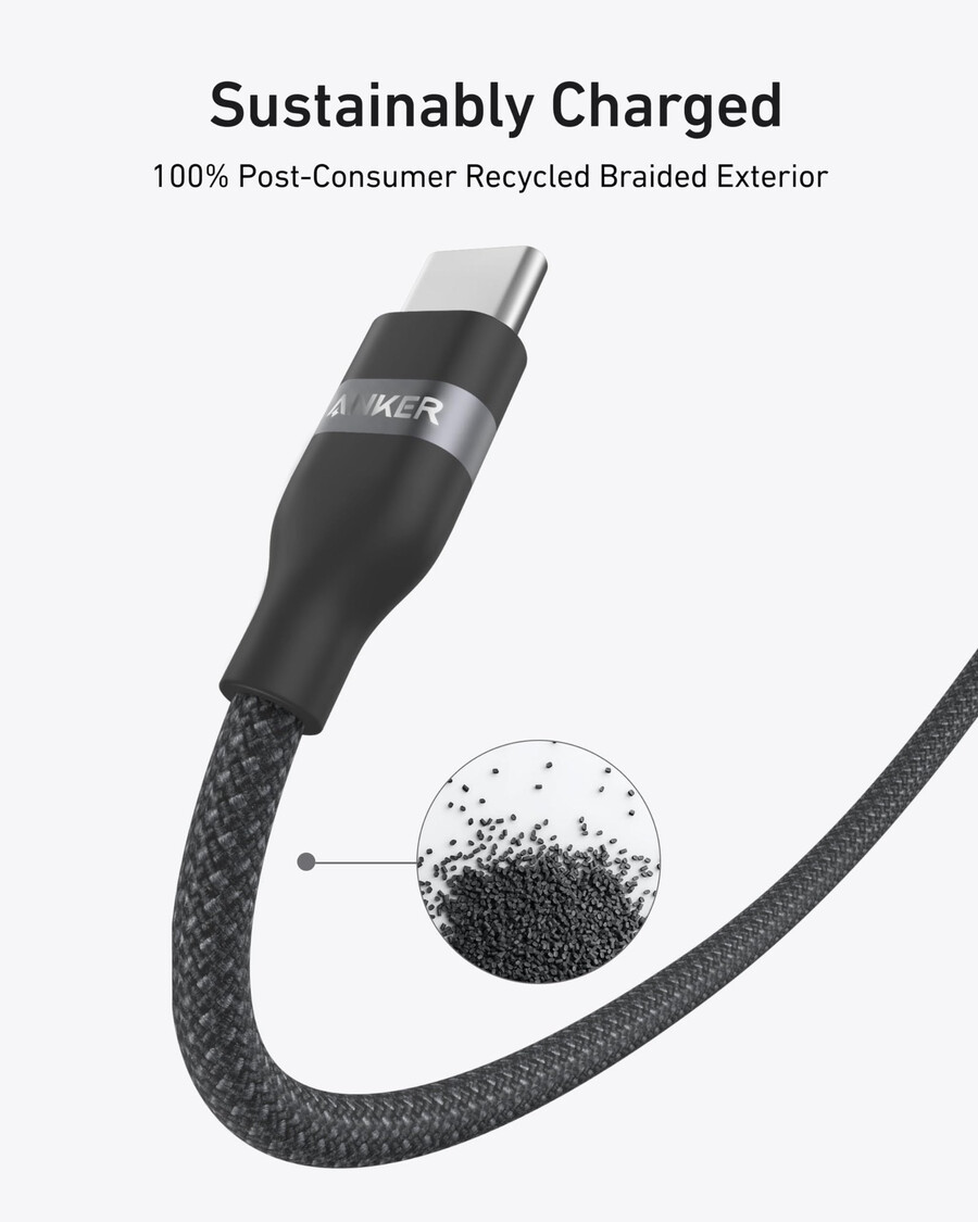 anker prime -laturi 100 w 3 porttia gan ja anker usb-c - usb-c -kaapeli 3 jalkaa 6 jalkaa 240 w kierrätetystä kuidusta punottu