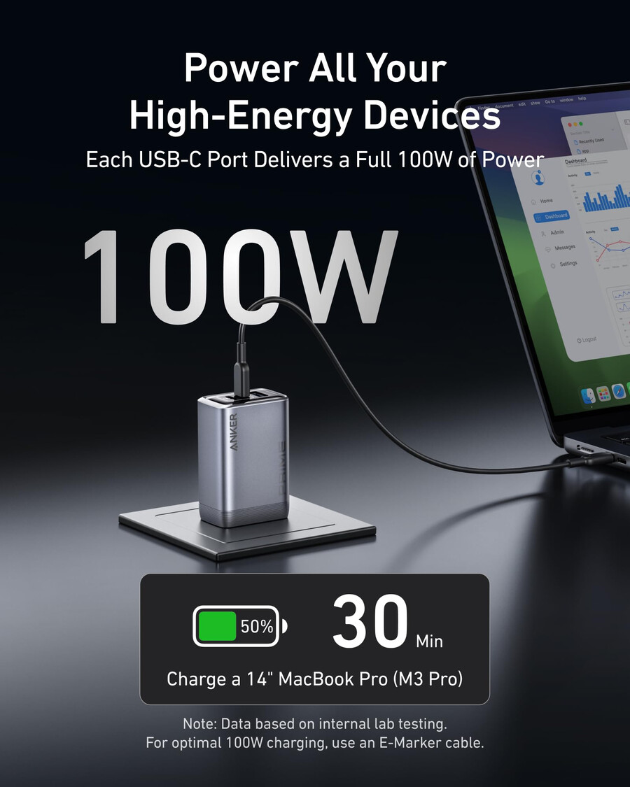 anker prime -laturi 100 w 3 porttia gan ja anker prime usb-c - usb-c -kaapeli 240 w kierrätetystä punotusta materiaalista