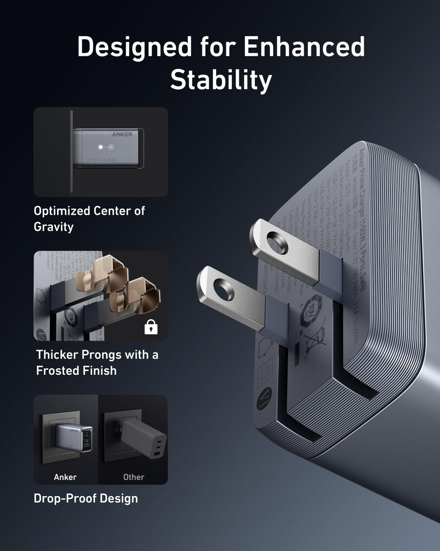 anker prime -laturi 100 w 3 porttia gan ja anker prime usb-c - usb-c -kaapeli 240 w kierrätetystä punotusta materiaalista