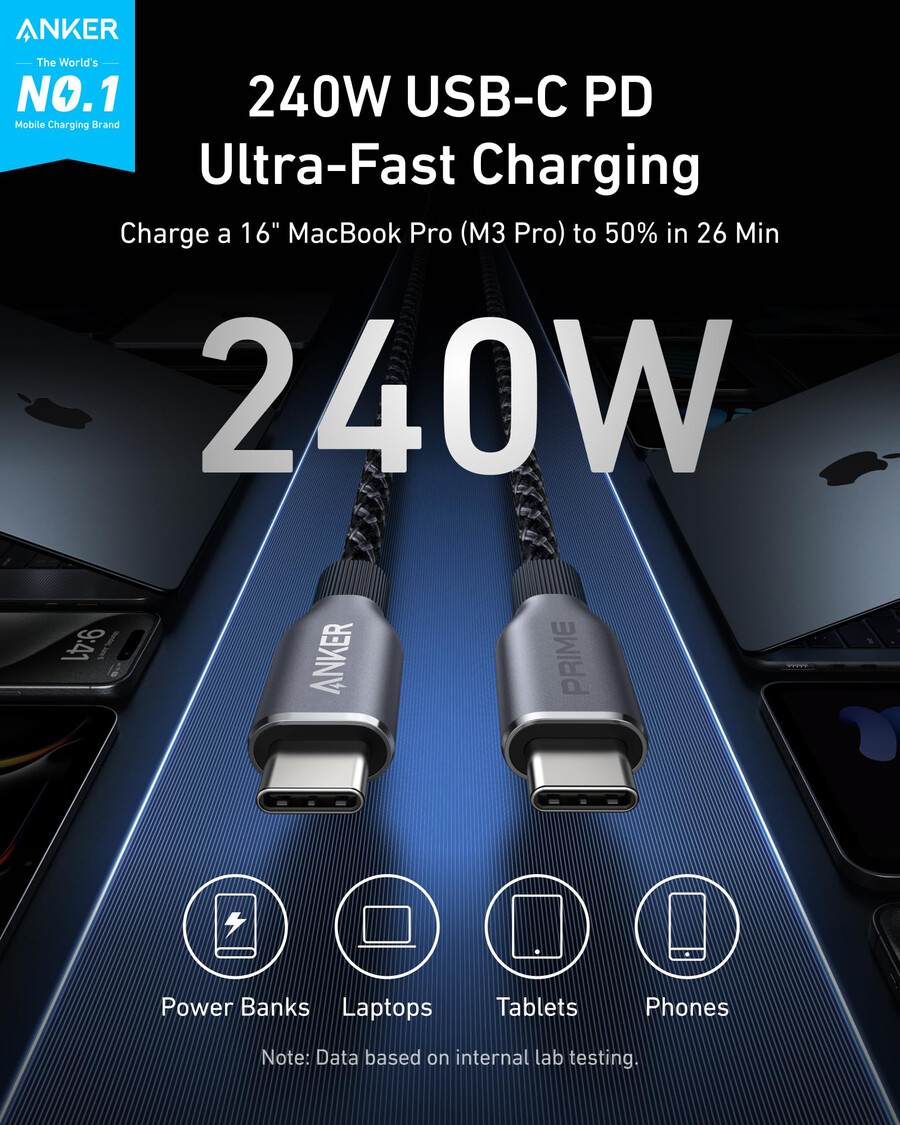 anker prime -laturi 100 w 3 porttia gan ja anker prime usb-c - usb-c -kaapeli 240 w kierrätetystä punotusta materiaalista