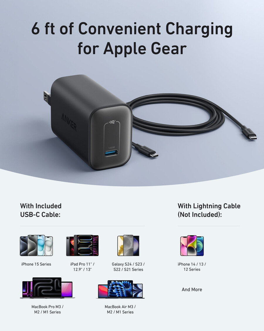anker nano -laturi 100 w usb-c-kaapelilla
