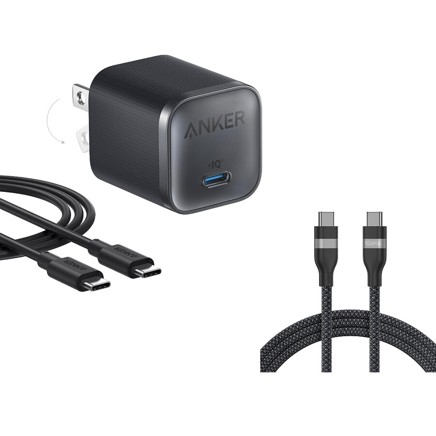 anker nano -laturi 45 w usb-c–usb-c-kaapelilla ja anker usb-c–usb-c-kaapelilla 18 m 240 w kierrätetystä materiaalista punottu