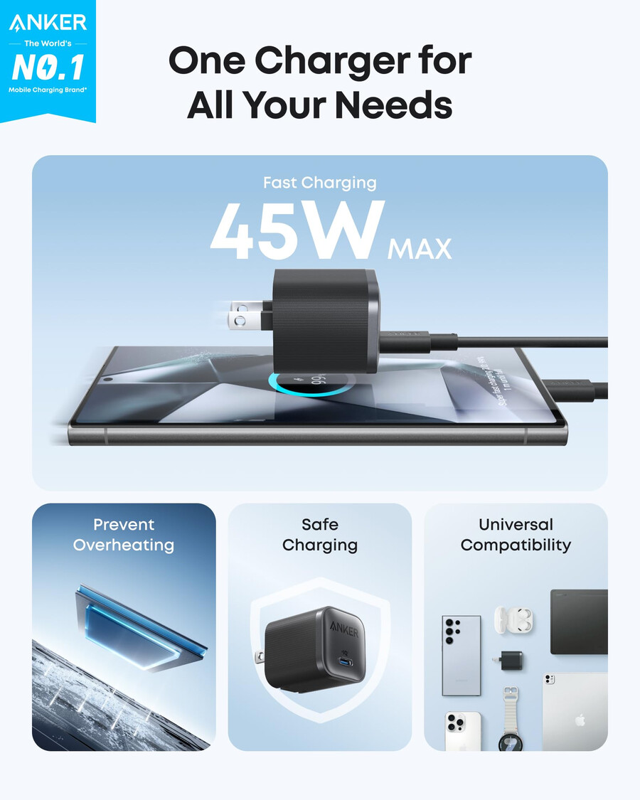 anker nano -laturi 45 w ja usb-c–usb-c-kaapeli