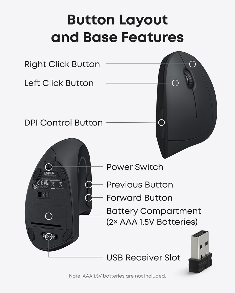 anker 2.4g langaton pystysuora ergonominen optinen hiiri