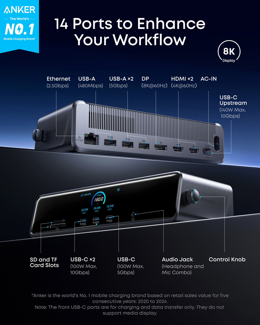 anker prime -telakointiasema dl7400 ja usb-c–usb-c-kaapeli thunderbolt 4 -yhteensopiva