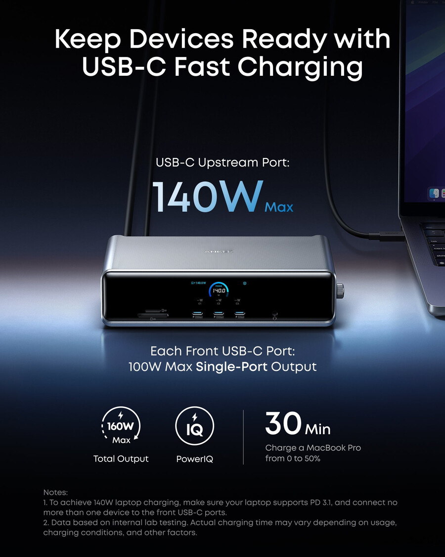 anker prime -telakointiasema dl7400 ja usb-c–usb-c-kaapeli thunderbolt 4 -yhteensopiva