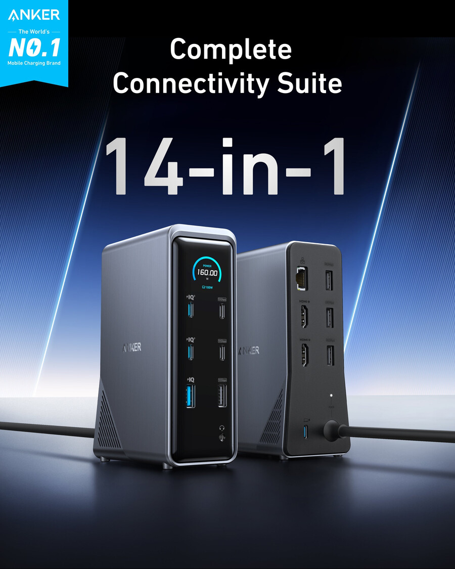anker prime -latausasema 14-in-1 kaksoisnäyttö 160 w