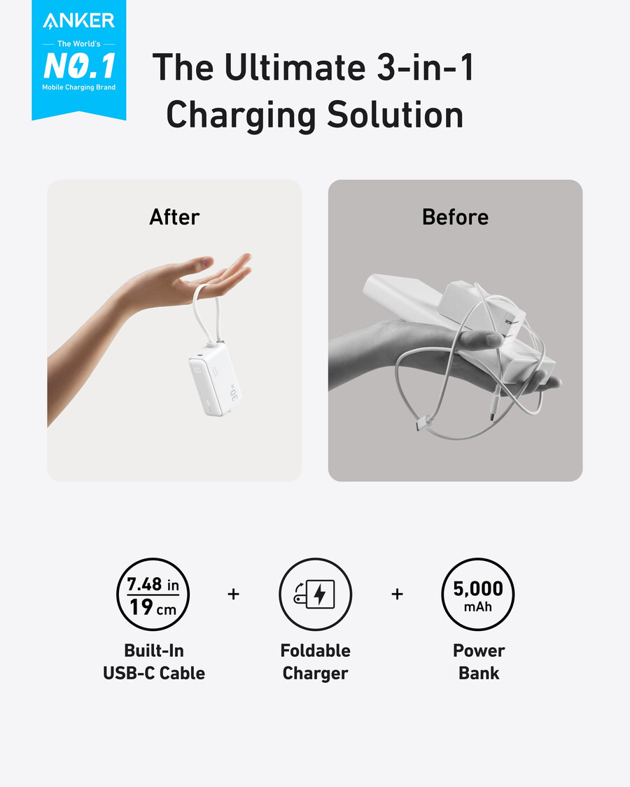 anker-varavirtalähde 30 w 5k fusion sisäänrakennettu usb-c-kaapeli