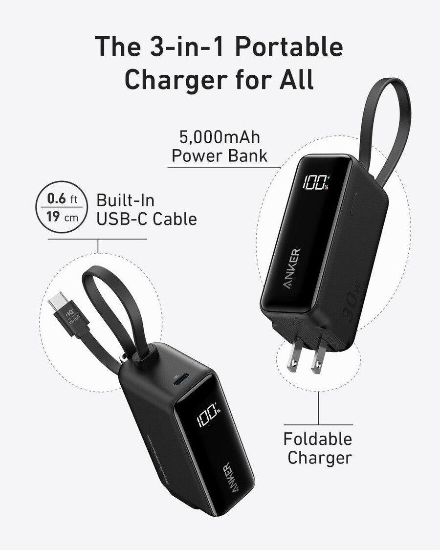 anker-varavirtalähde 30 w 5k fusion sisäänrakennettu usb-c-kaapeli
