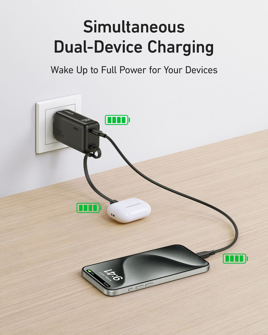 anker-varavirtalähde 30 w 5k fusion sisäänrakennettu usb-c-kaapeli