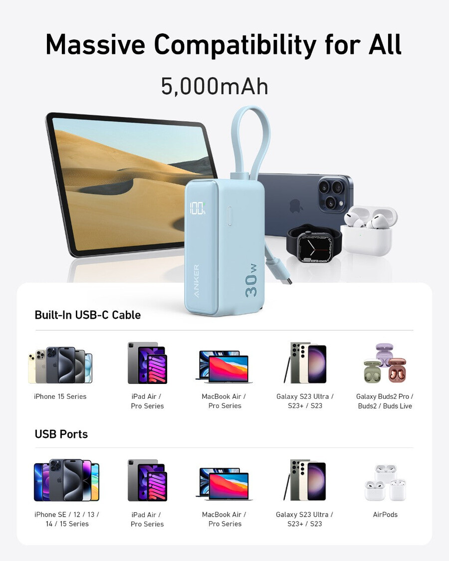 anker-varavirtalähde 30 w 5k fusion sisäänrakennettu usb-c-kaapeli