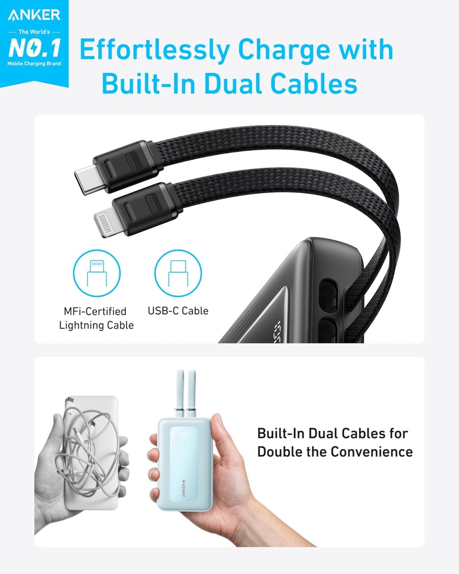 anker zolo -varavirtalähde 20k sisäänrakennettu usb-c- ja lightning-kaapeli