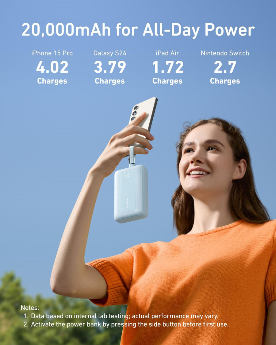 anker zolo -varavirtalähde 20k sisäänrakennettu usb-c- ja lightning-kaapeli