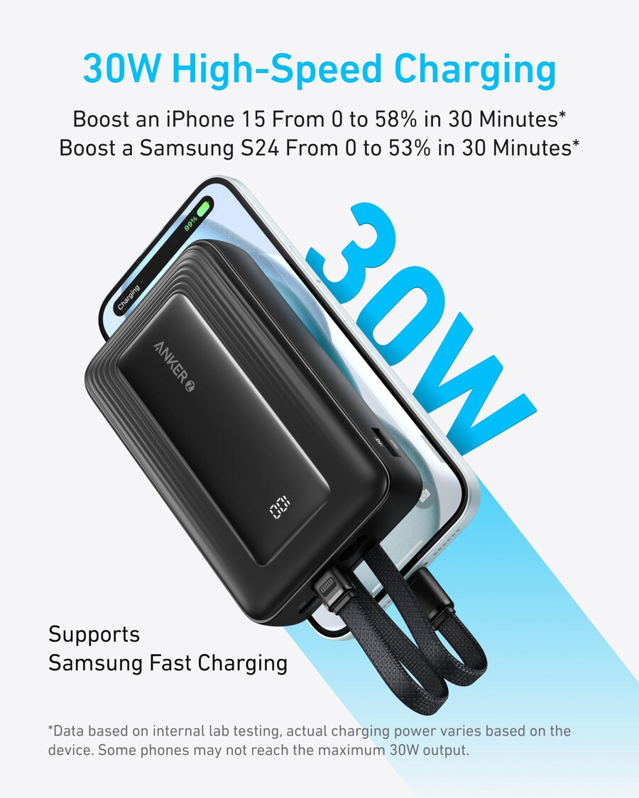 anker zolo -varavirtalähde 20k sisäänrakennettu usb-c- ja lightning-kaapeli