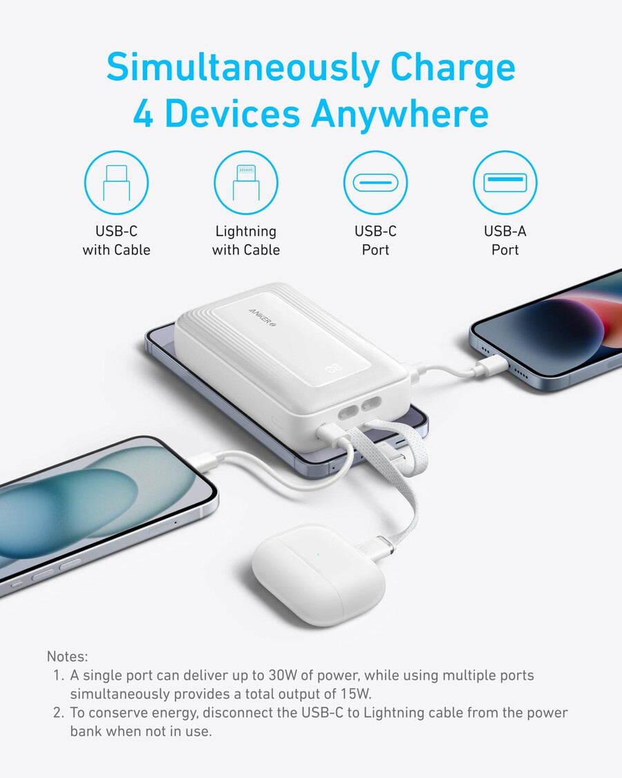 anker zolo -varavirtalähde 20k sisäänrakennettu usb-c- ja lightning-kaapeli