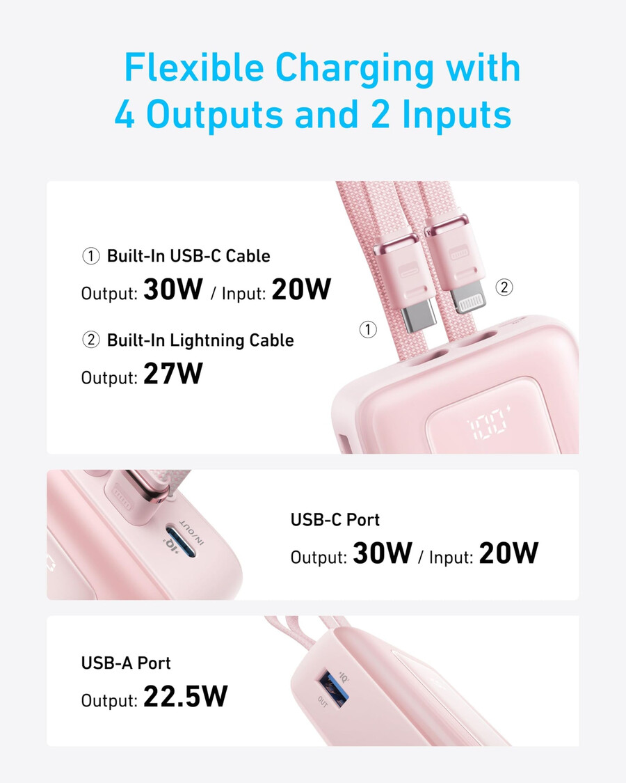 anker zolo -varavirtalähde 20k sisäänrakennettu usb-c- ja lightning-kaapeli