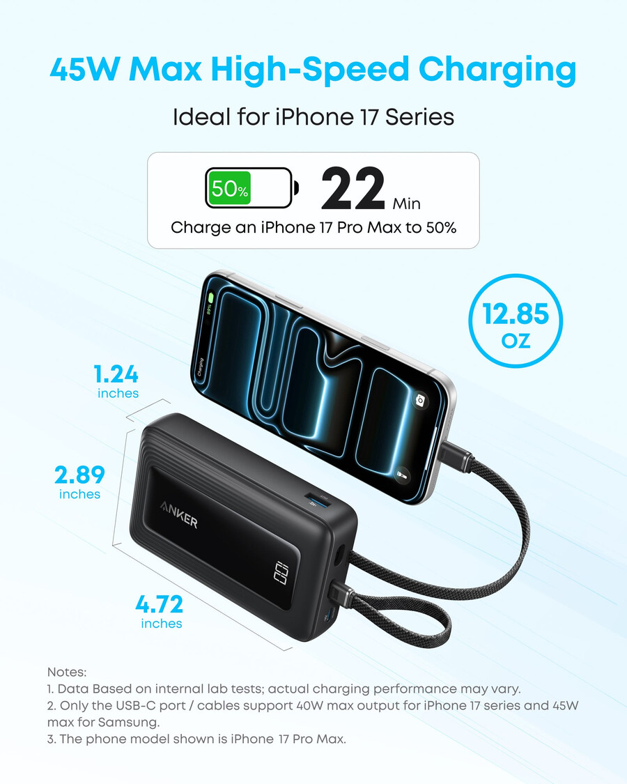 anker zolo -varavirtalähde 20k sisäänrakennettu usb-c- ja lightning-kaapeli