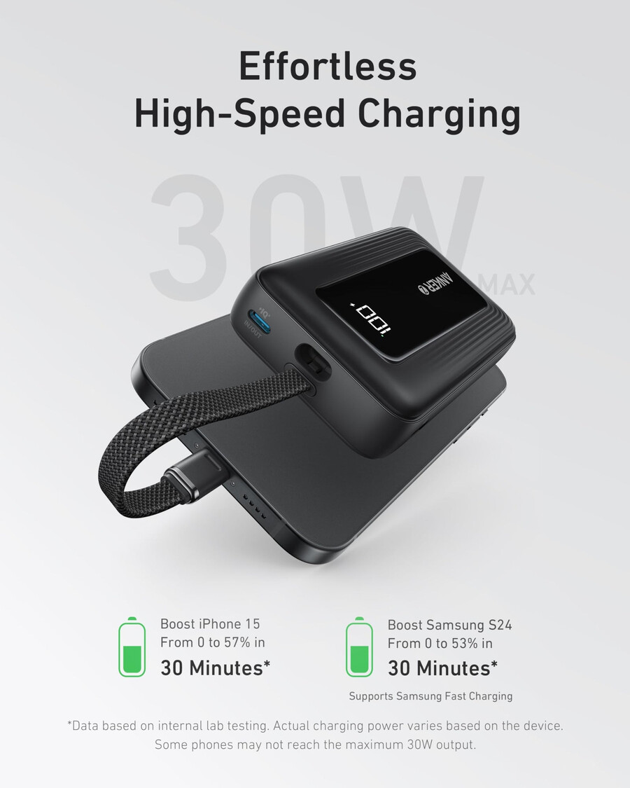 anker zolo -varavirtalähde 10k 30w ja sisäänrakennettu 54 tuuman 137 cm usb-c-kaapeli.