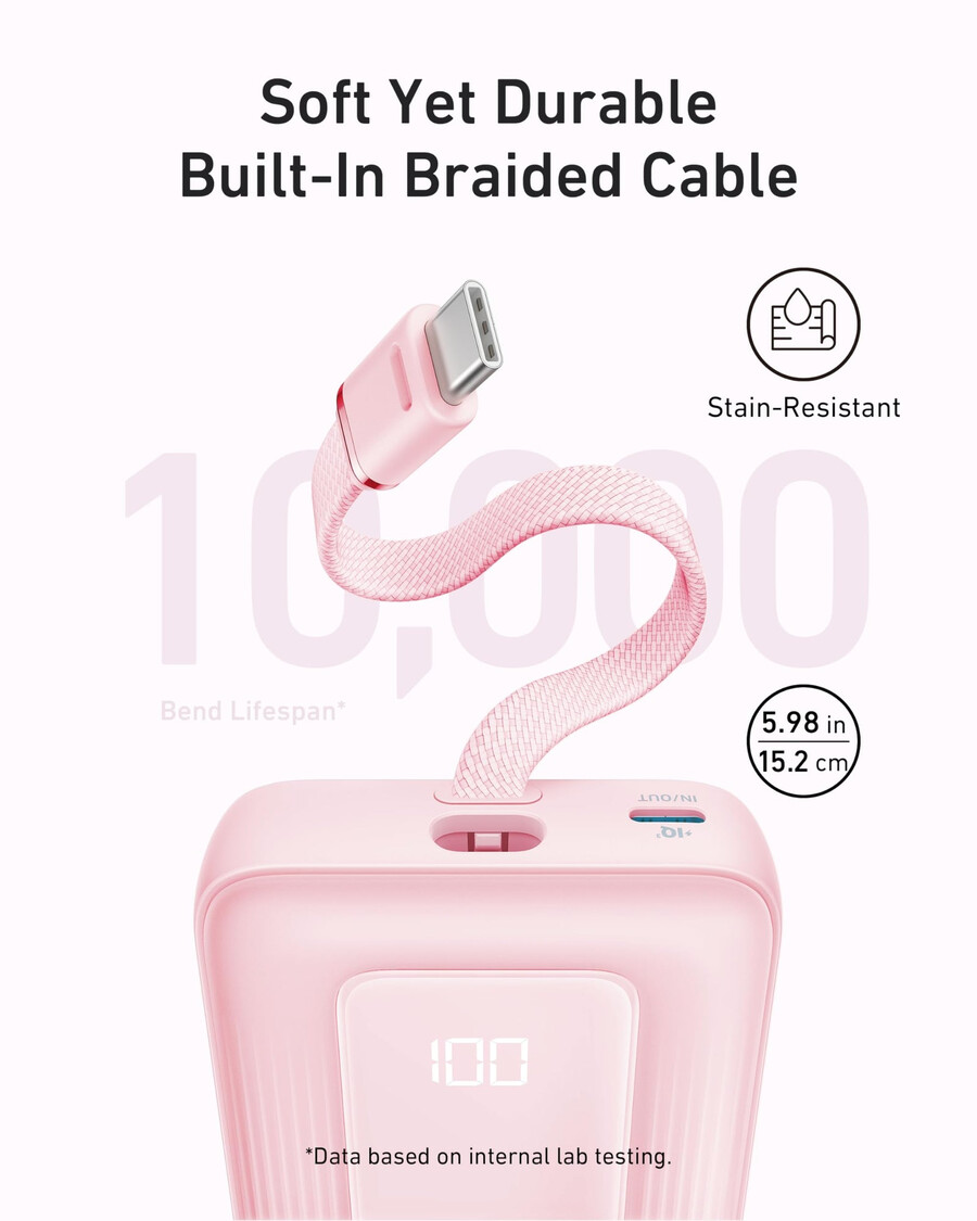 anker zolo -varavirtalähde 10k 30w ja sisäänrakennettu 54 tuuman 137 cm usb-c-kaapeli.