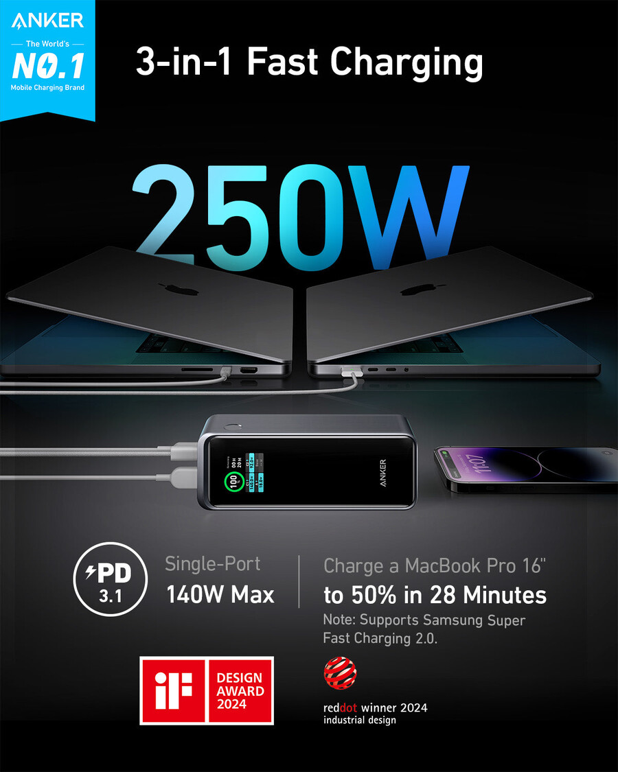 anker prime 27 650 mahn varavirtalähde 250 w ja 100 wn latausteline